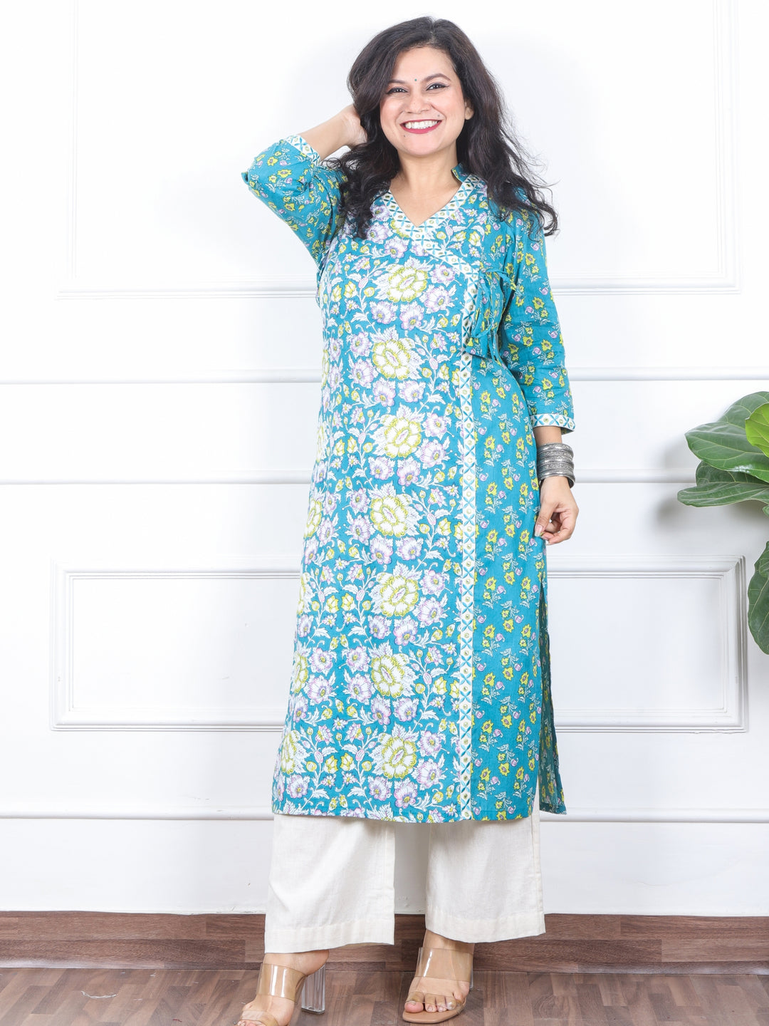 Naari Ocean Sea Form Angrakha Style Neck Floral Printed Cotton Kurti