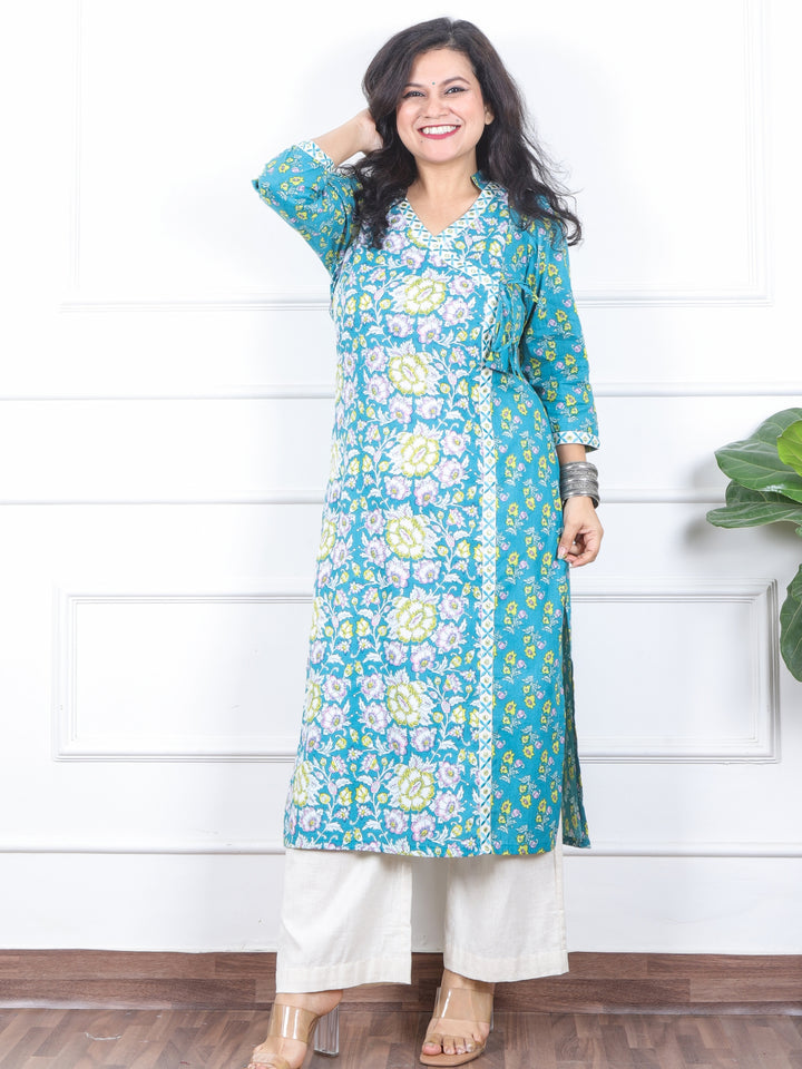 Naari Ocean Sea Form Angrakha Style Neck Floral Printed Cotton Kurti
