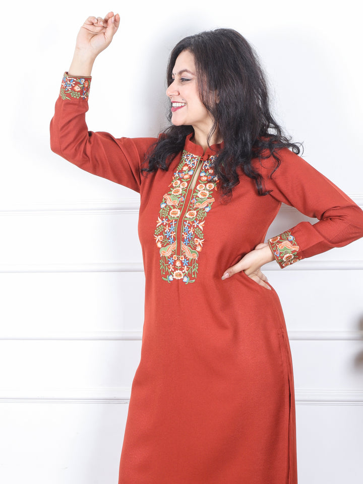 छाया Dusty Rust Thread Embroidered Neck Semi Pashmina Winter Kurti