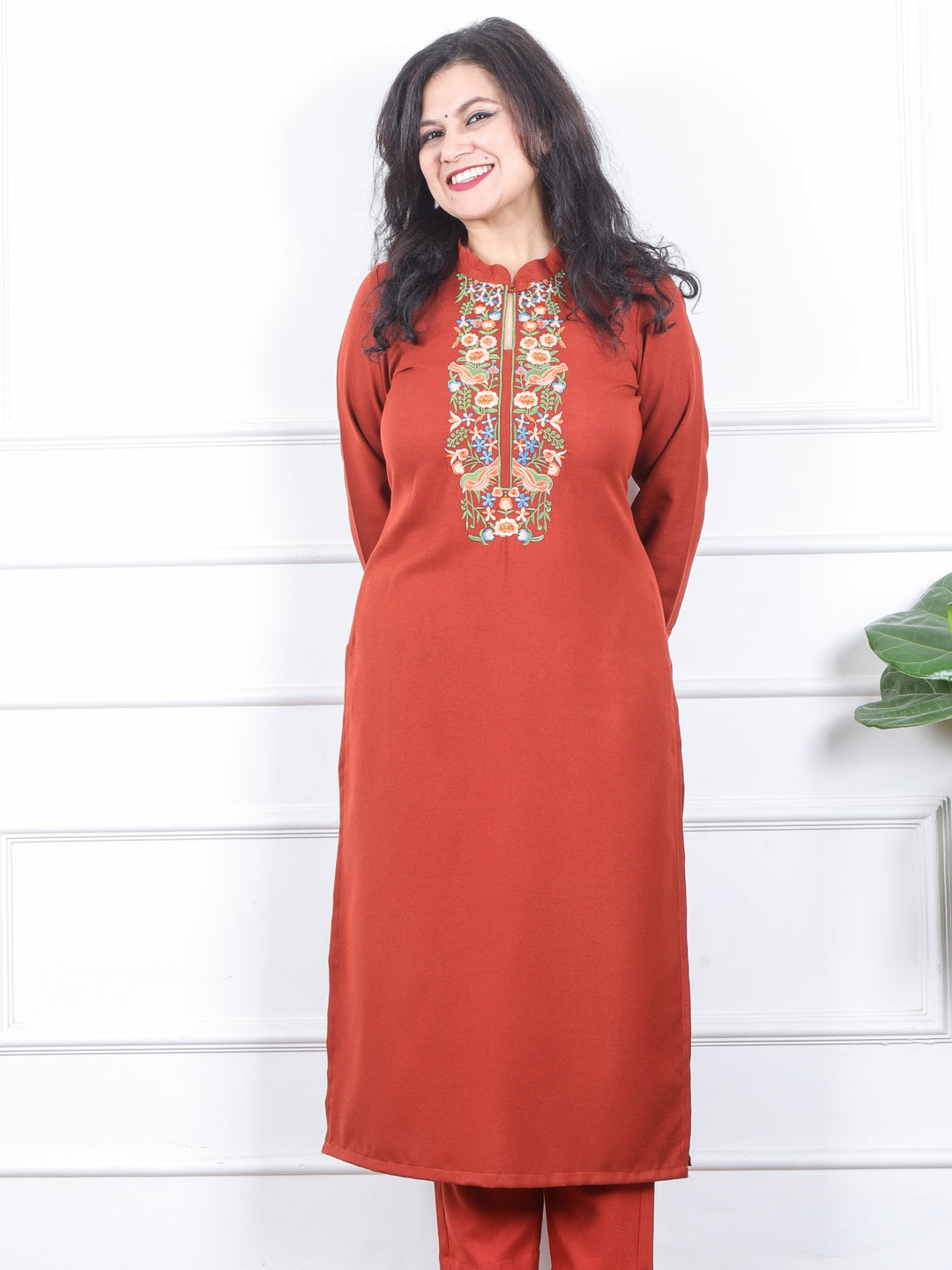 छाया Dusty Rust Thread Embroidered Neck Semi Pashmina Winter Kurti