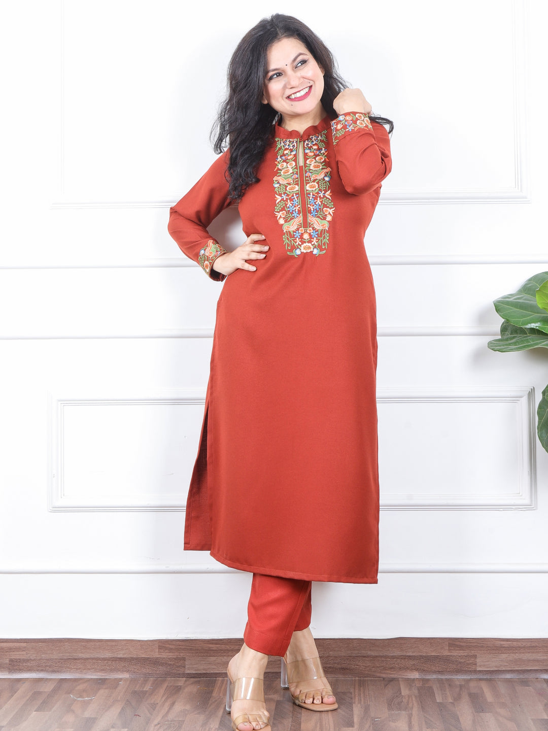 छाया Dusty Rust Thread Embroidered Neck Semi Pashmina Winter Kurti