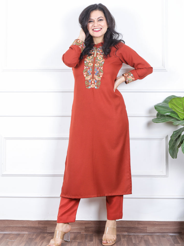 छाया Dusty Rust Thread Embroidered Neck Semi Pashmina Winter Kurti