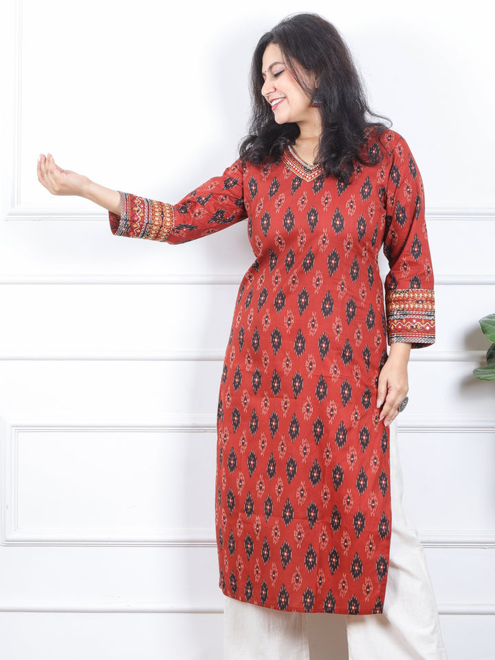 Daarshvi Cherry Red Printed V Neckline Lace Work Cotton Kurt