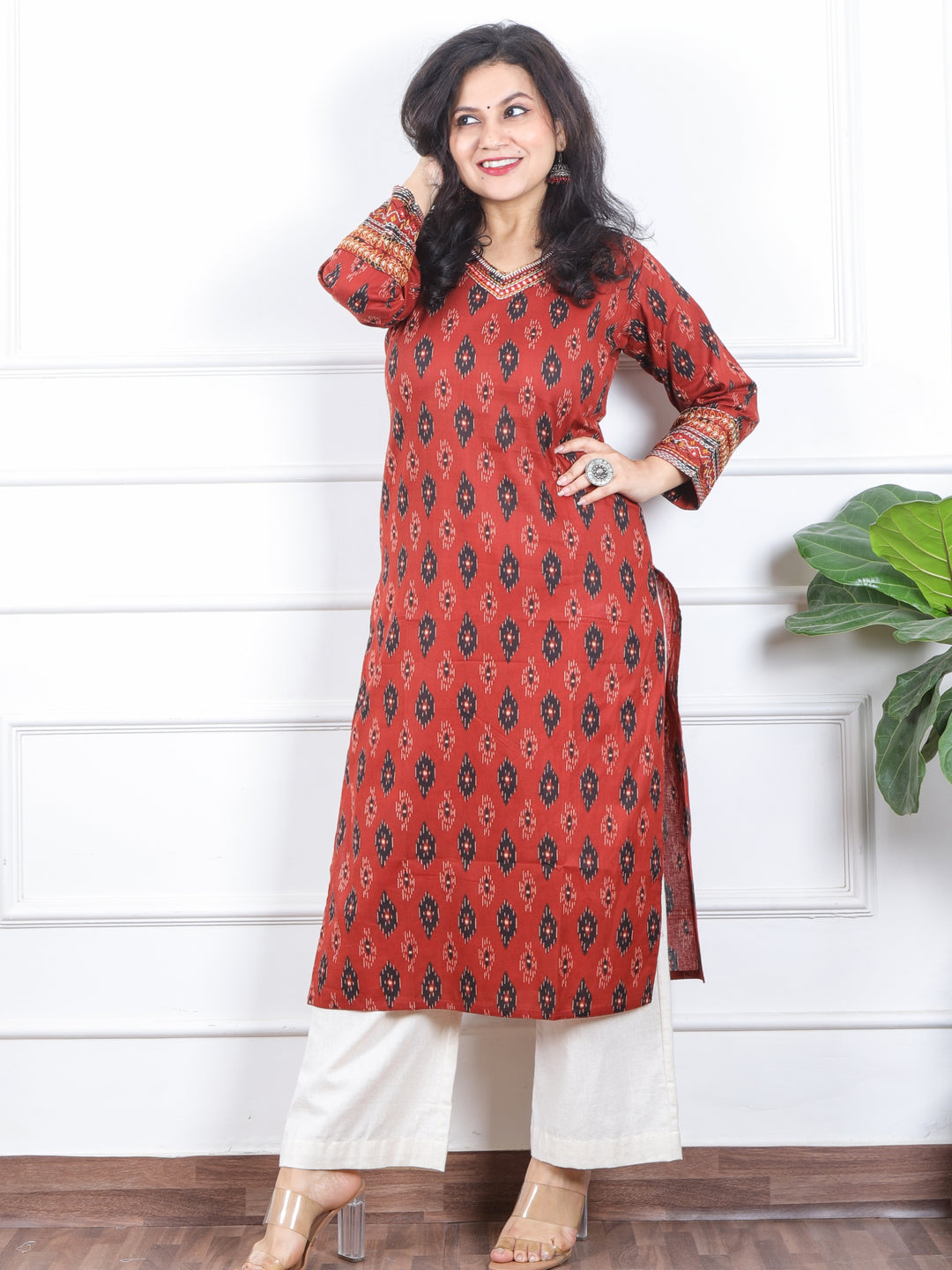 Daarshvi Cherry Red Printed V Neckline Lace Work Cotton Kurt