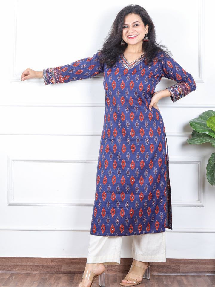 Daarshvi Indigo Blue Printed V Neckline Lace Work Cotton Kurti