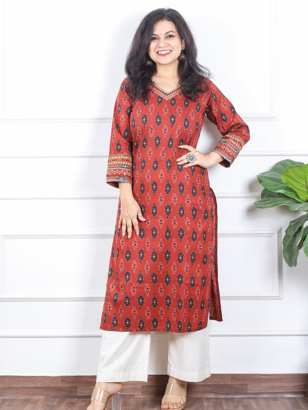 Daarshvi Cherry Red Printed V Neckline Lace Work Cotton Kurt