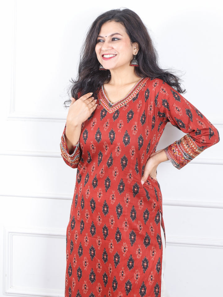 Daarshvi Cherry Red Printed V Neckline Lace Work Cotton Kurt