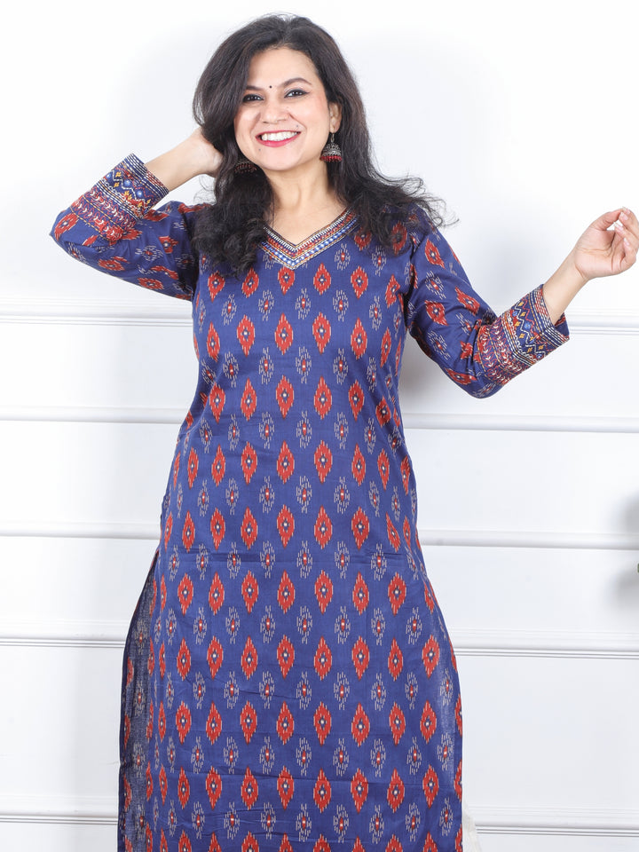 Daarshvi Indigo Blue Printed V Neckline Lace Work Cotton Kurti