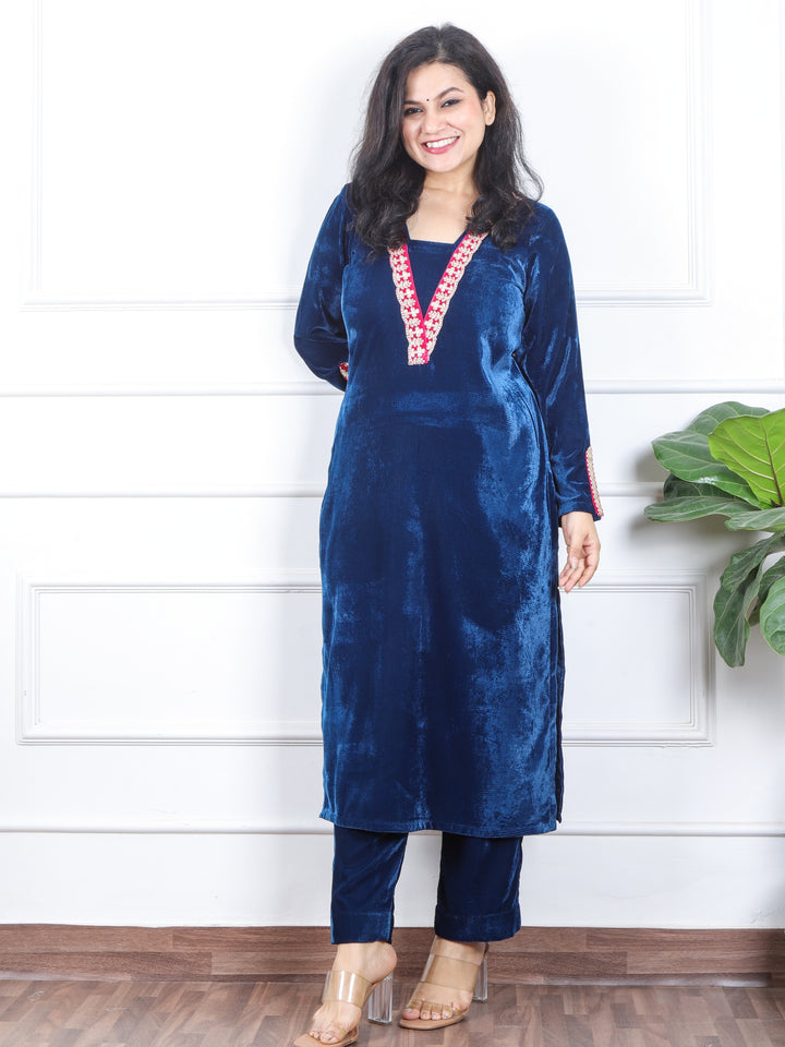 दर्शनी Royal Blue V Neck Lace Work Velvet Winter Kurti-D3