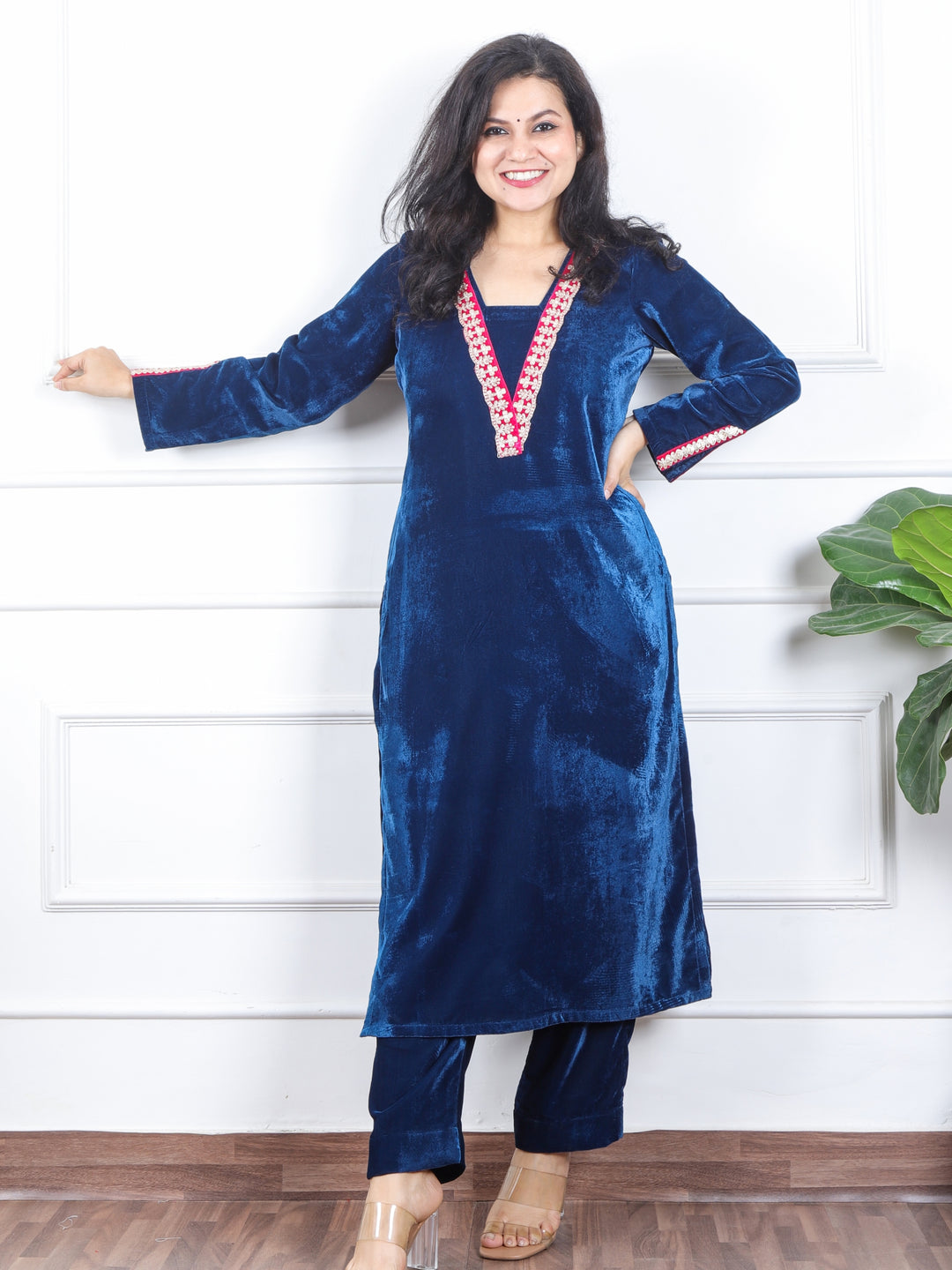 दर्शनी Royal Blue V Neck Lace Work Velvet Winter Kurti-D3