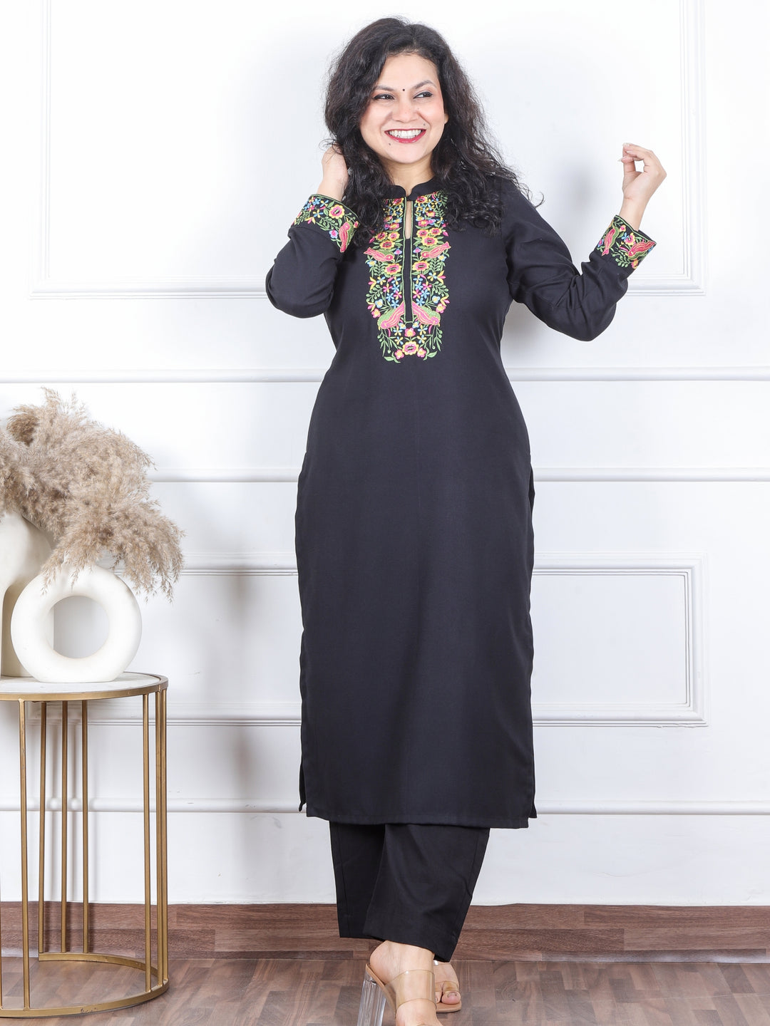 छाया Ebony Black Thread Embroidered Neck Semi Pashmina Winter Kurti