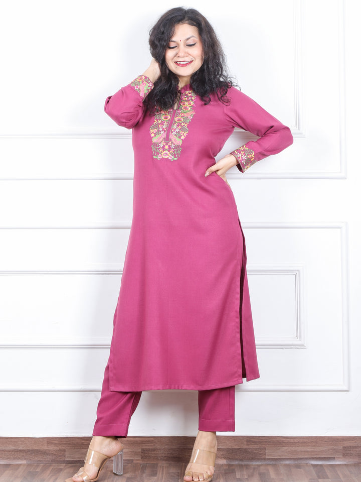 छाया Berry Plum Thread Embroidered Neck Semi Pashmina Winter Kurti