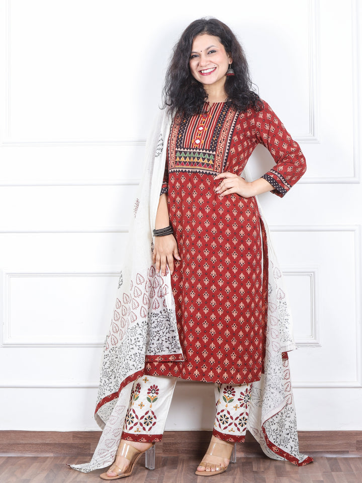 छबेली Cherry Red Kutch Mirror Neck Work Print Cotton 3 Piece Set D1