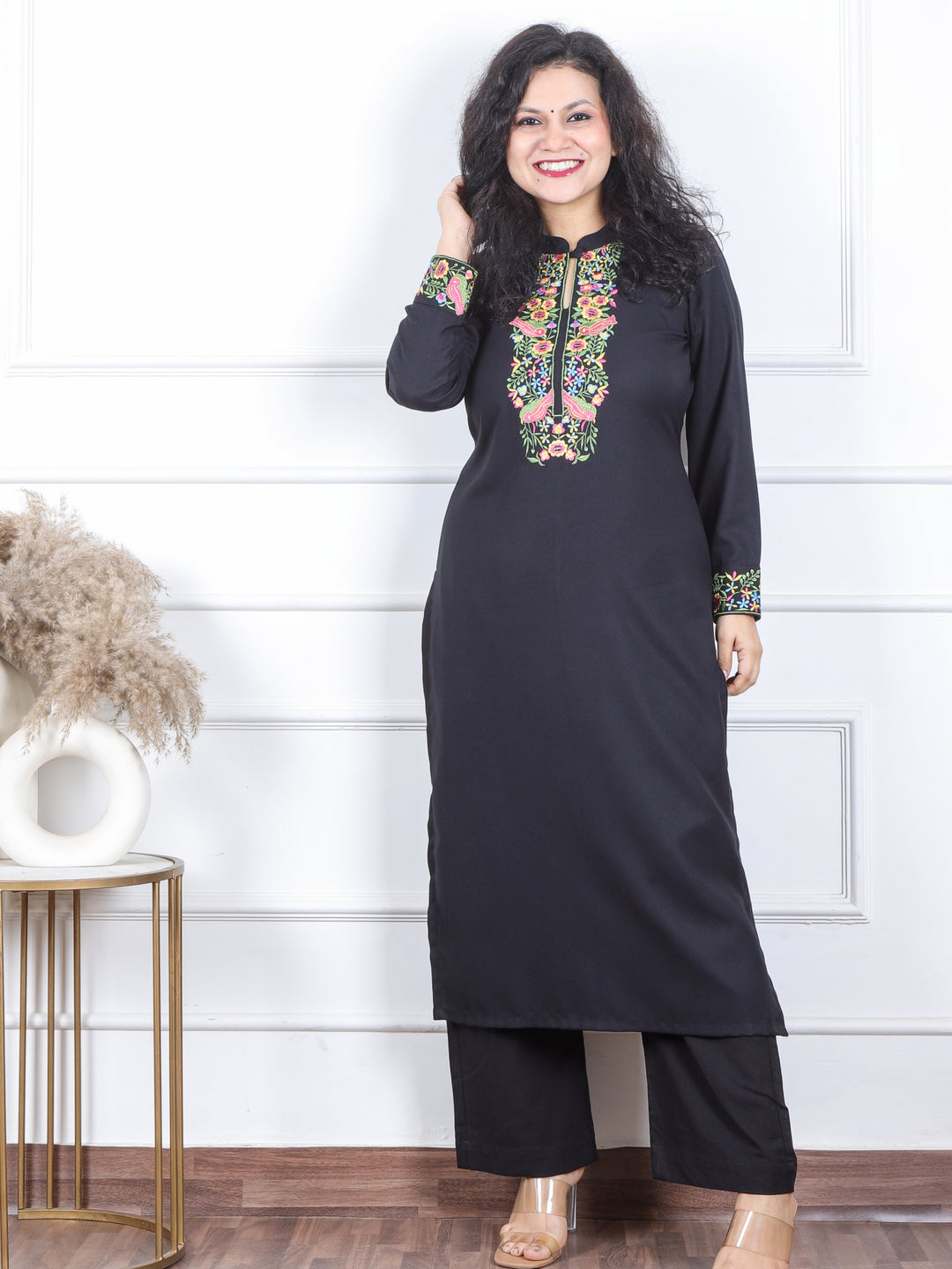 छाया Ebony Black Thread Embroidered Neck Semi Pashmina Winter Kurti