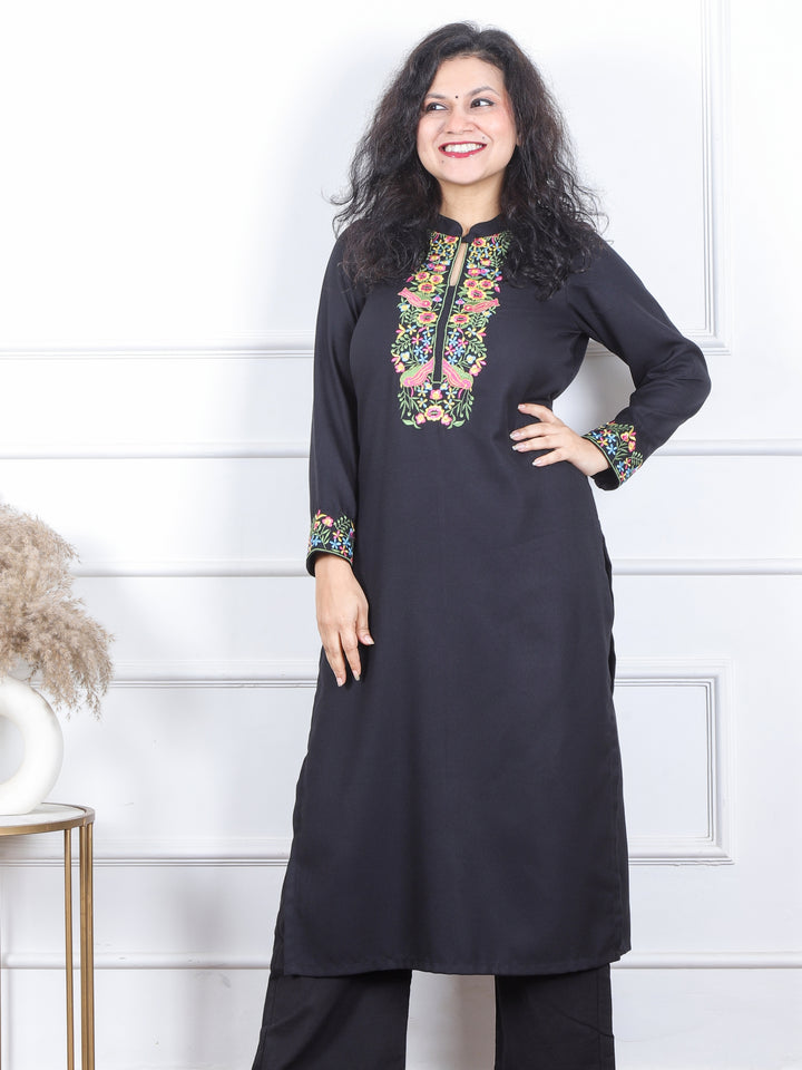 छाया Ebony Black Thread Embroidered Neck Semi Pashmina Winter Kurti