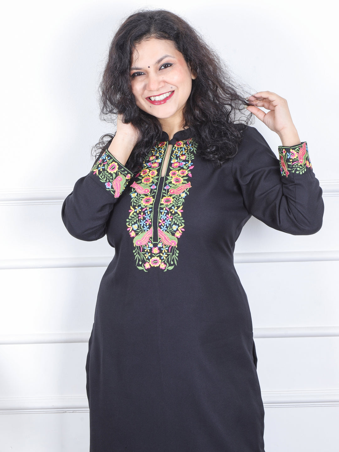 छाया Ebony Black Thread Embroidered Neck Semi Pashmina Winter Kurti