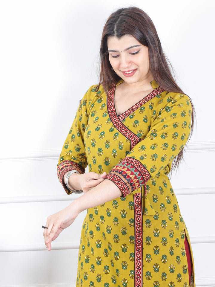 Naari Dijon Yellow Kutch Fusion Work Angrakha Style Cotton Kurti-D3
