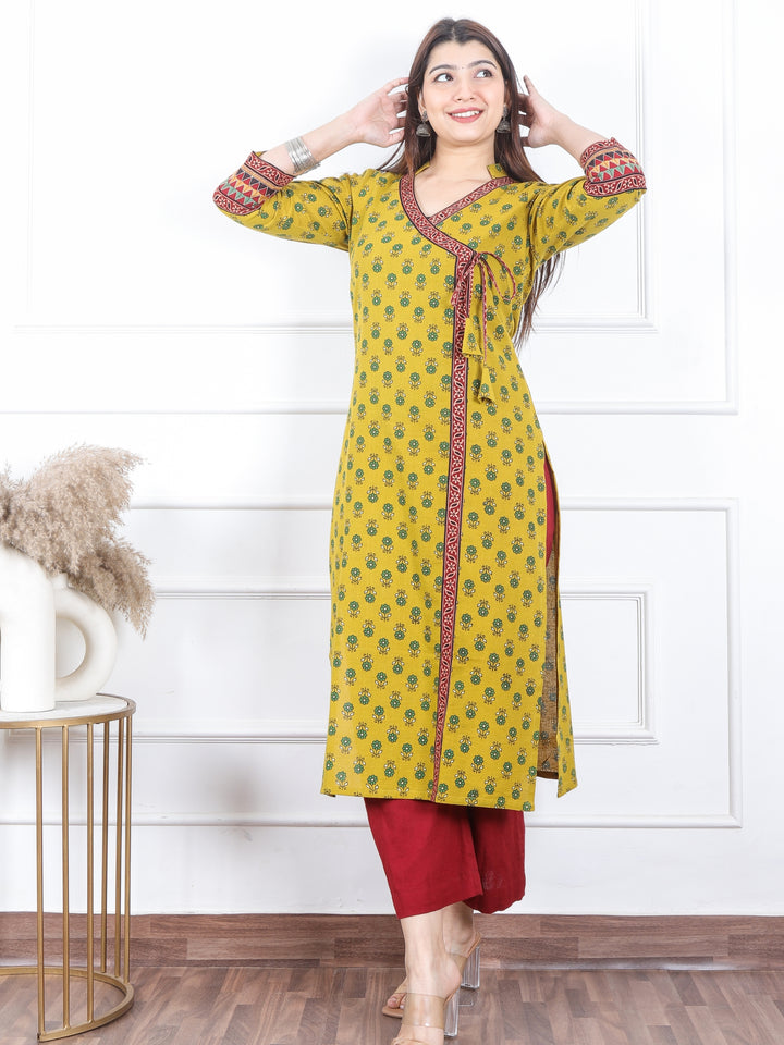 Naari Dijon Yellow Kutch Fusion Work Angrakha Style Cotton Kurti-D3