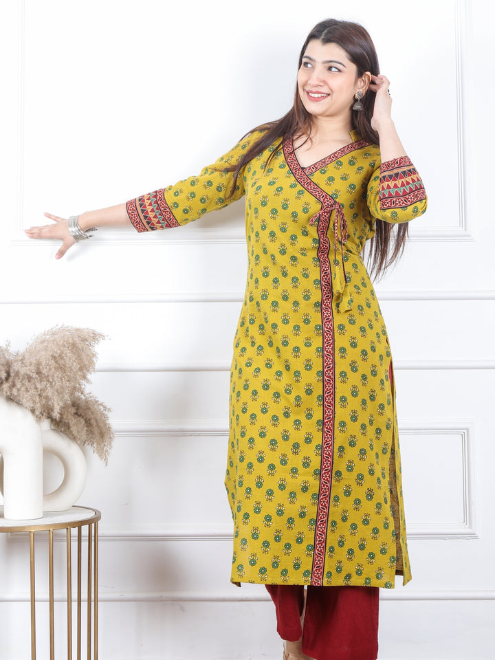 Naari Dijon Yellow Kutch Fusion Work Angrakha Style Cotton Kurti-D3