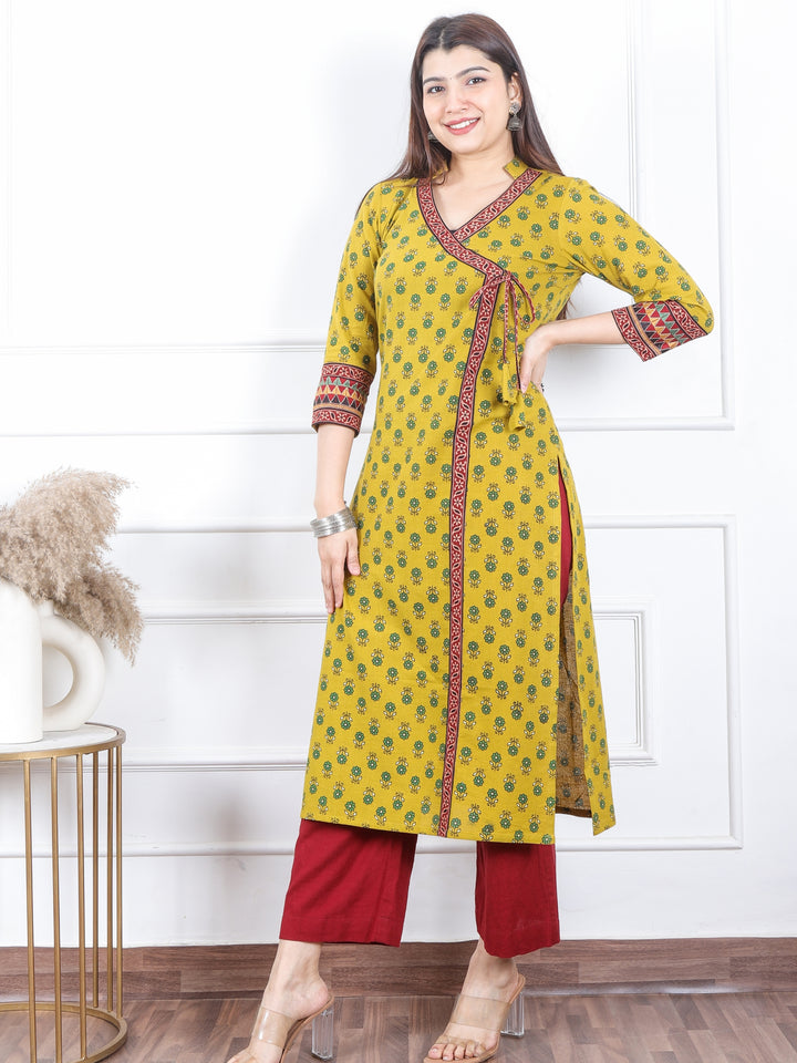 Naari Dijon Yellow Kutch Fusion Work Angrakha Style Cotton Kurti-D3