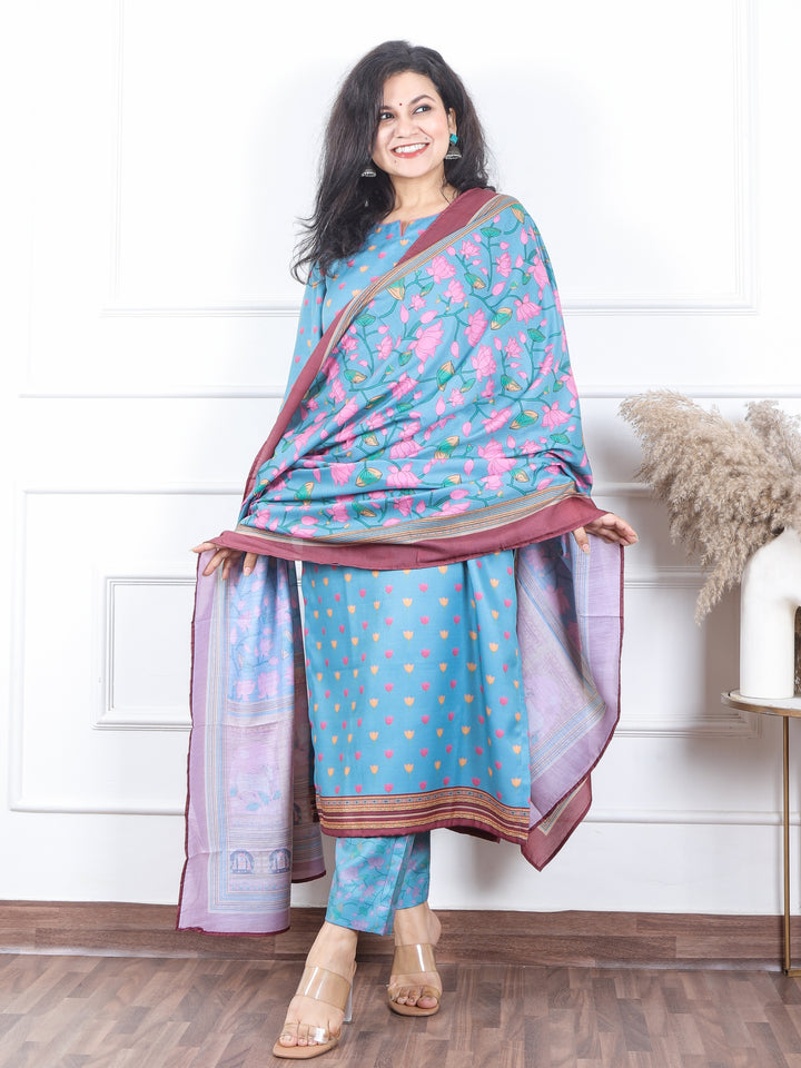 सुनहरी Marine Aqua Pichwai Floral Printed Semi Pashmina Winter Suit 3 Piece Set