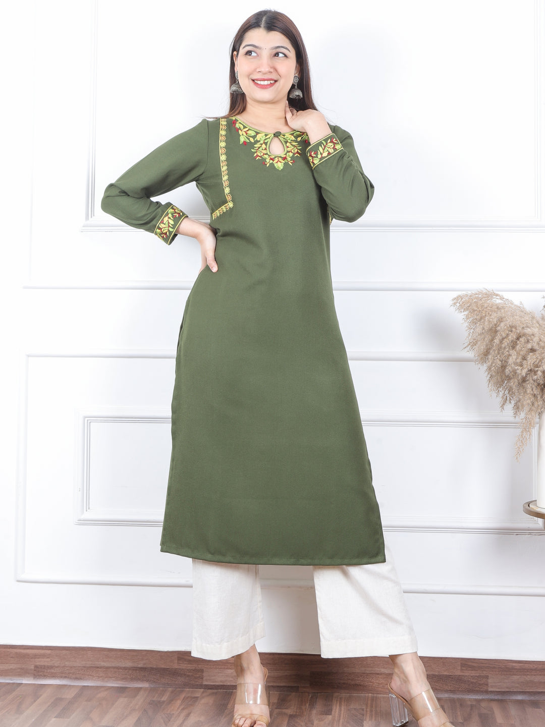 छाया Olive Green Thread Embroidered Neck Semi Pashmina Winter Kurti