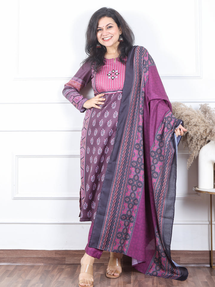 सुनहरी Purple Ajrak Placement Print with Mirror Semi Pashmina Winter 3 Piece Set