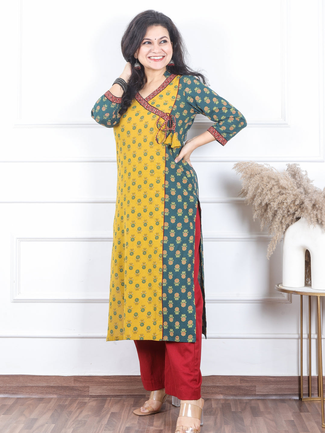 Naari Green Printed with Yellow Front Angrakha Style Work Cotton Kurti