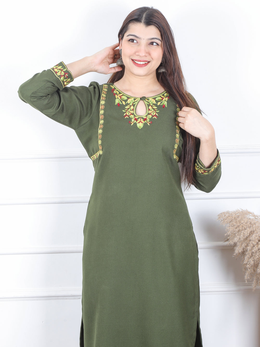 छाया Olive Green Thread Embroidered Neck Semi Pashmina Winter Kurti