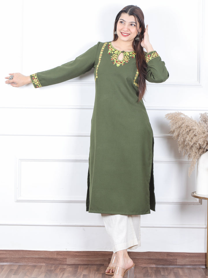 छाया Olive Green Thread Embroidered Neck Semi Pashmina Winter Kurti