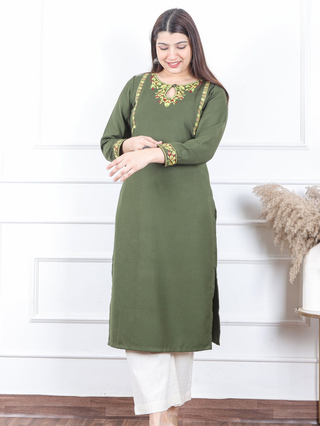 छाया Olive Green Thread Embroidered Neck Semi Pashmina Winter Kurti