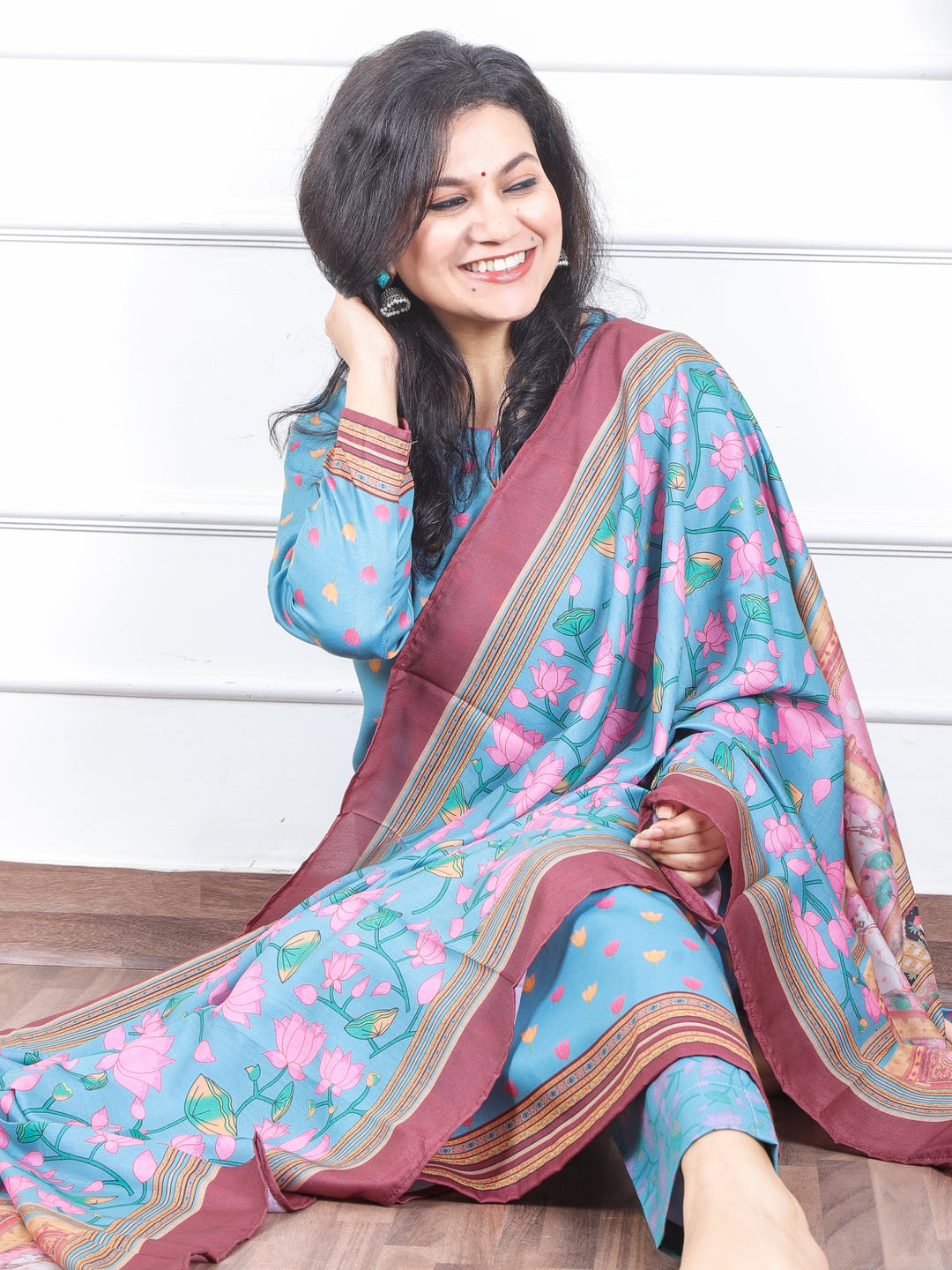 सुनहरी Marine Aqua Pichwai Floral Printed Semi Pashmina Winter Suit 3 Piece Set