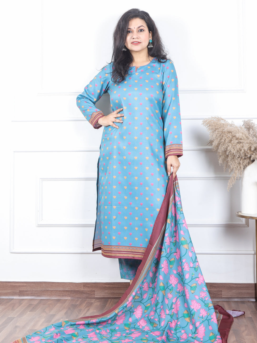 सुनहरी Marine Aqua Pichwai Floral Printed Semi Pashmina Winter Suit 3 Piece Set