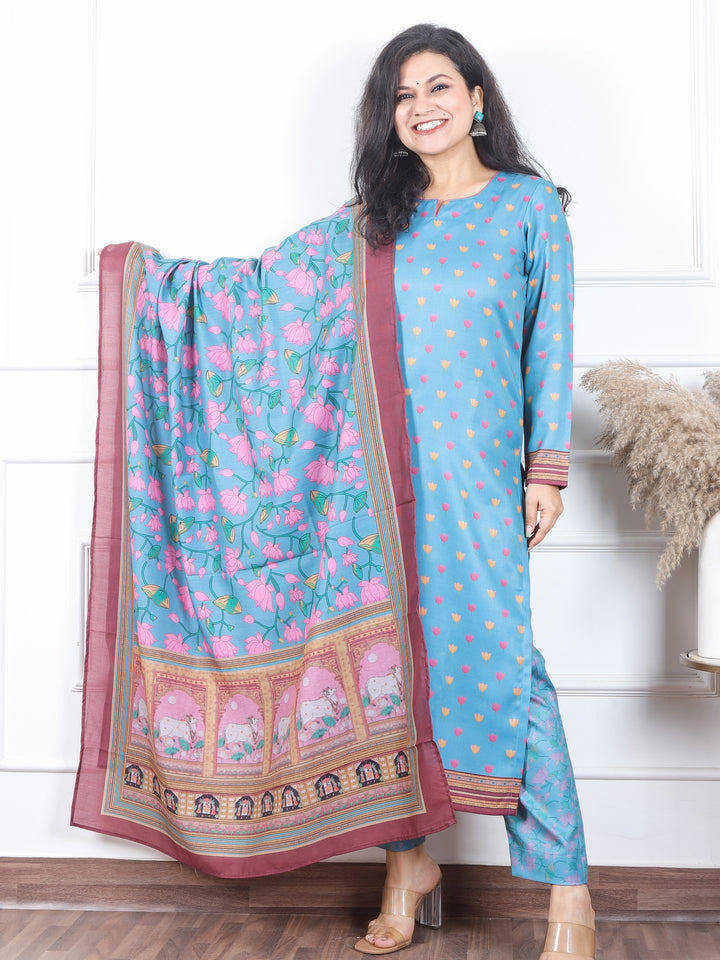 सुनहरी Marine Aqua Pichwai Floral Printed Semi Pashmina Winter Suit 3 Piece Set