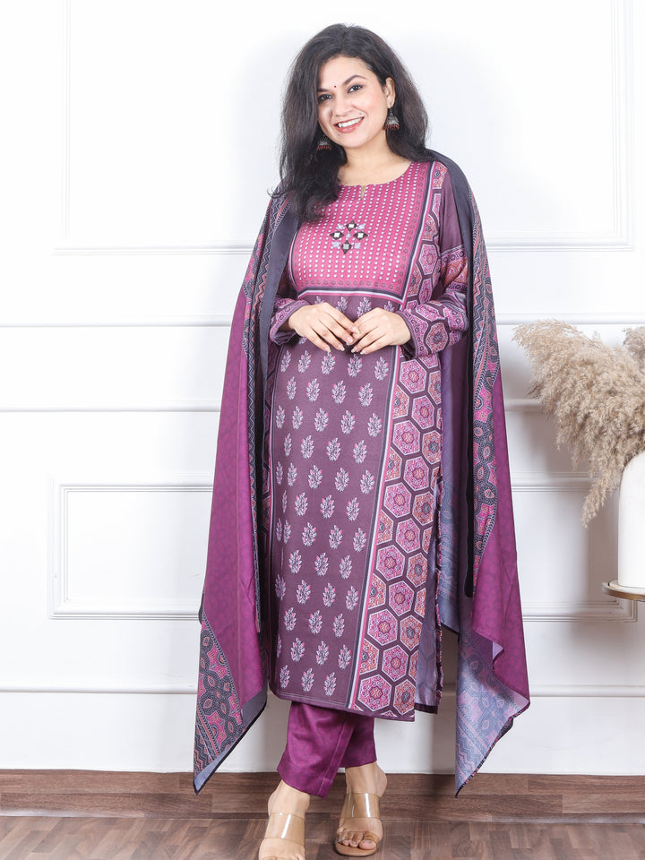 सुनहरी Purple Ajrak Placement Print with Mirror Semi Pashmina Winter 3 Piece Set