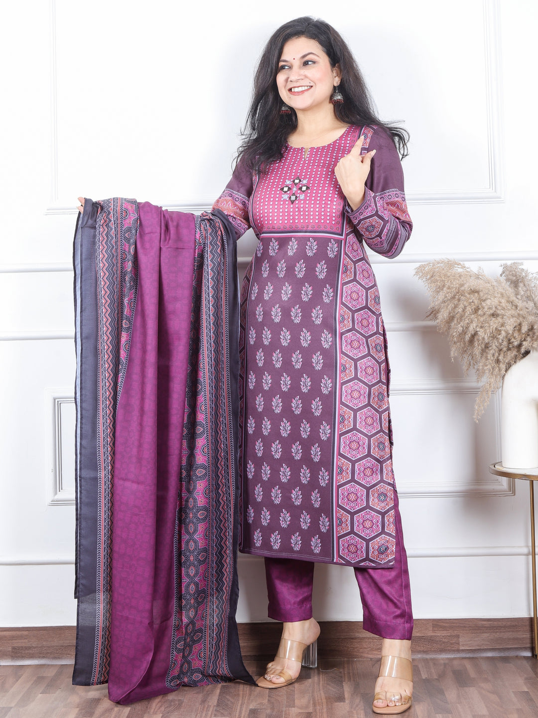 सुनहरी Purple Ajrak Placement Print with Mirror Semi Pashmina Winter 3 Piece Set