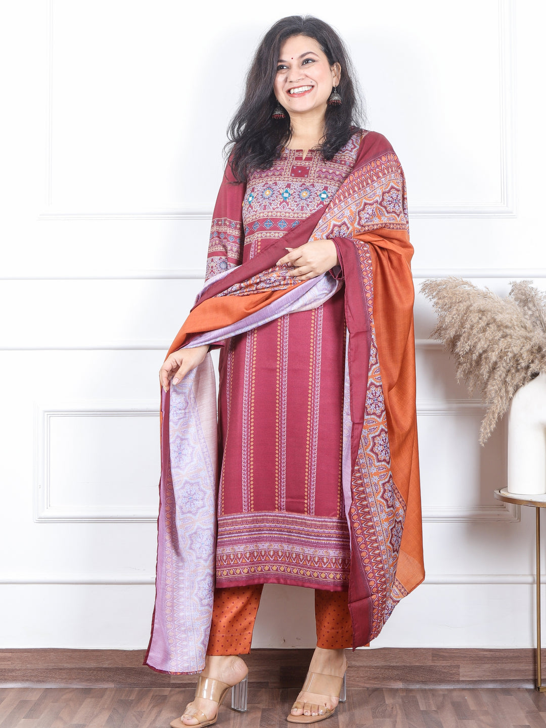 सुनहरी Cherry Red Ajrak Placement Print with Mirror Semi Pashmina Winter 3 Piece Set