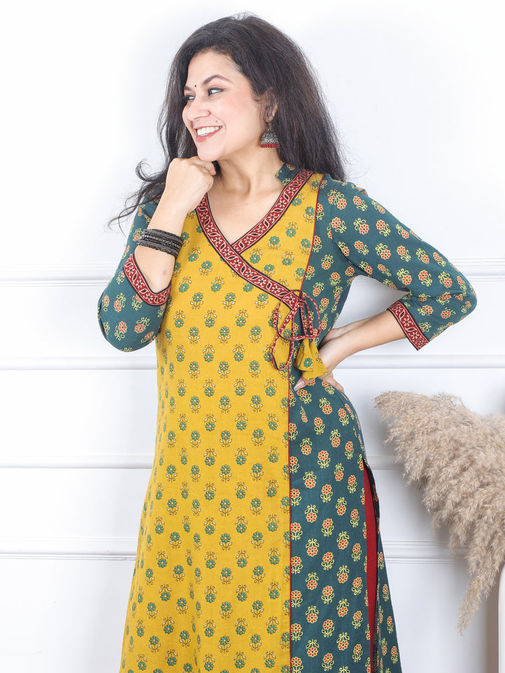 Naari Green Printed with Yellow Front Angrakha Style Work Cotton Kurti