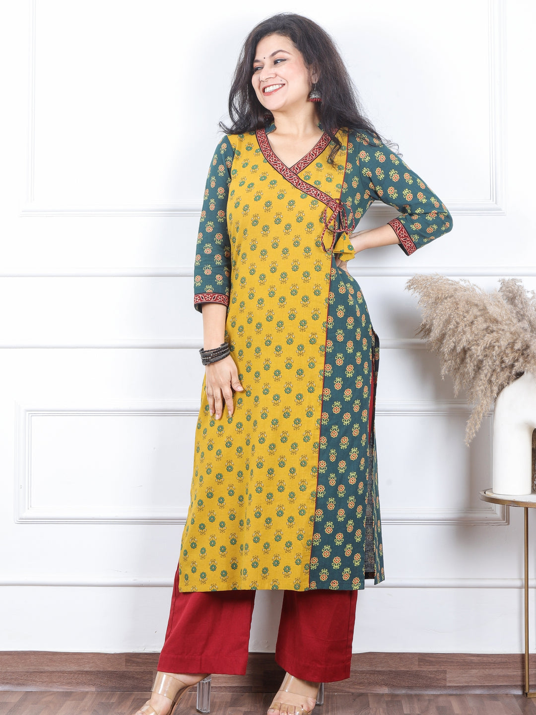 Naari Green Printed with Yellow Front Angrakha Style Work Cotton Kurti