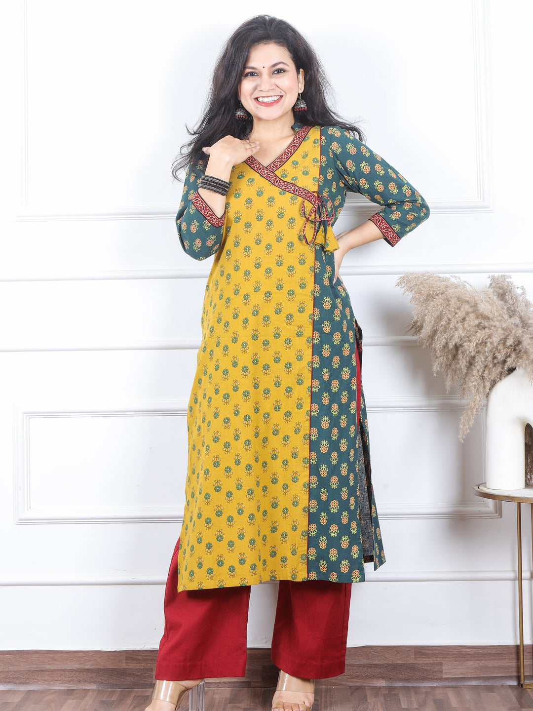 Naari Green Printed with Yellow Front Angrakha Style Work Cotton Kurti