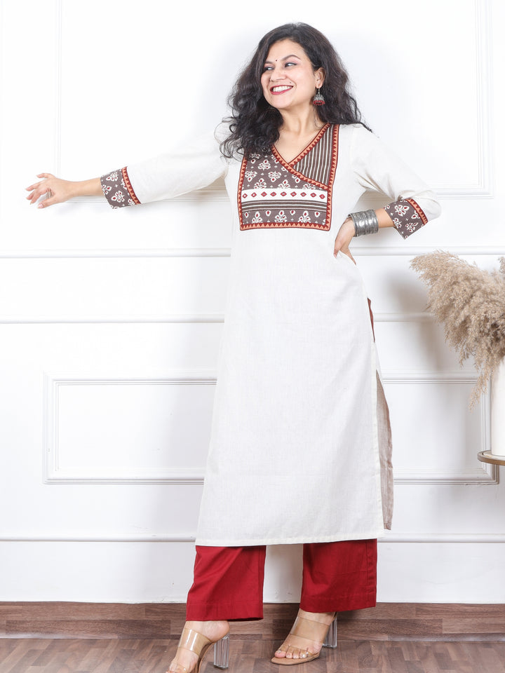 Svroop Pearl White Angrakha Neck Style Ajrak Printed Patch Cotton Flex Kurti