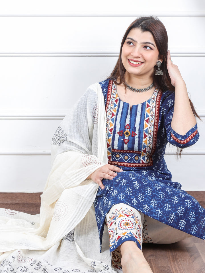 दर्शनी Indigo Blue Kutch Embroidery Neck Work Print Cotton 3 Piece Set-D10