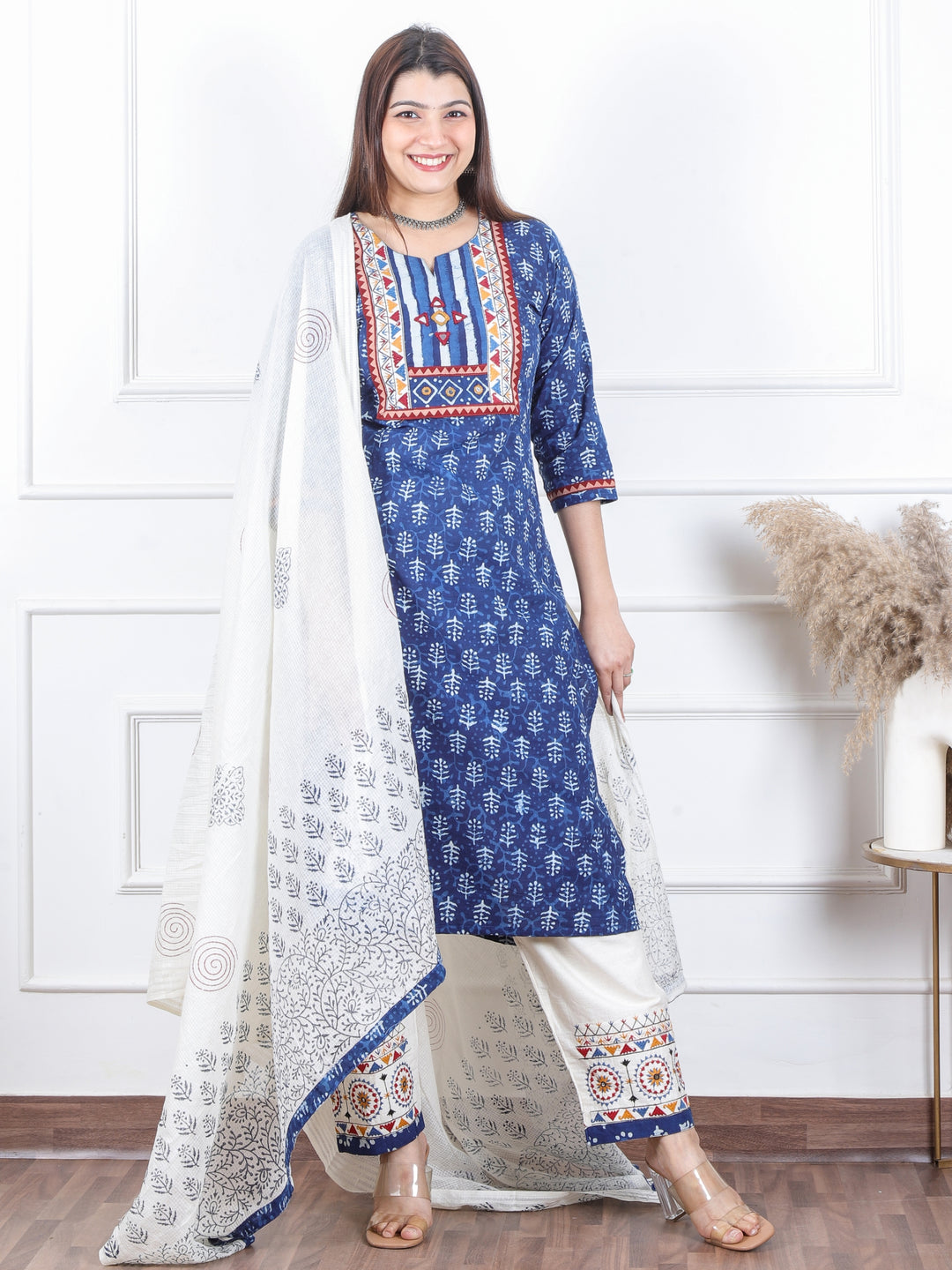 दर्शनी Indigo Blue Kutch Embroidery Neck Work Print Cotton 3 Piece Set-D10