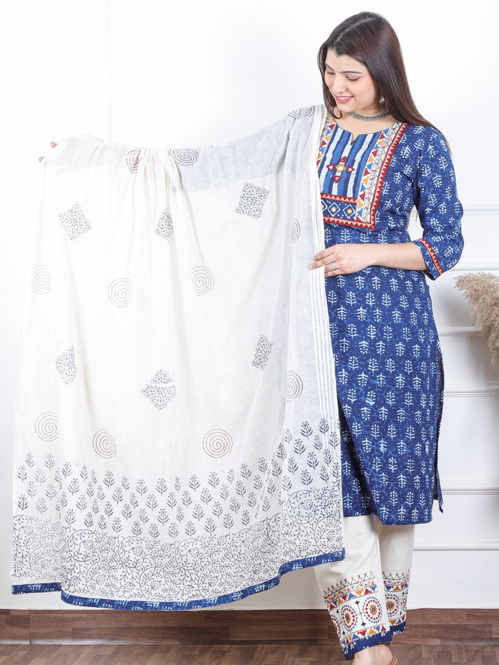 दर्शनी Indigo Blue Kutch Embroidery Neck Work Print Cotton 3 Piece Set-D10