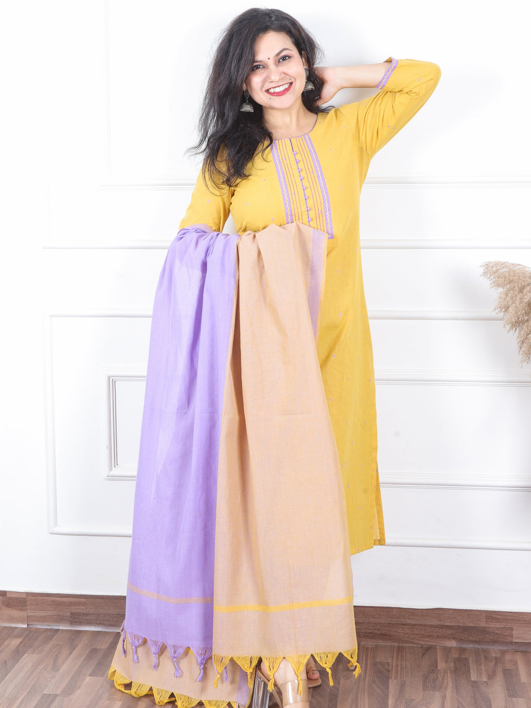 Iktaara Buttermilk Yellow Thread Weaved Handloom Cotton 3 Piece Set