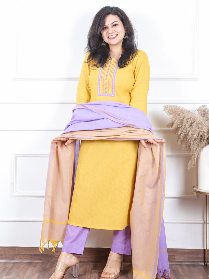 Iktaara Buttermilk Yellow Thread Weaved Handloom Cotton 3 Piece Set