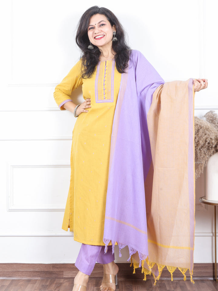 Iktaara Buttermilk Yellow Thread Weaved Handloom Cotton 3 Piece Set