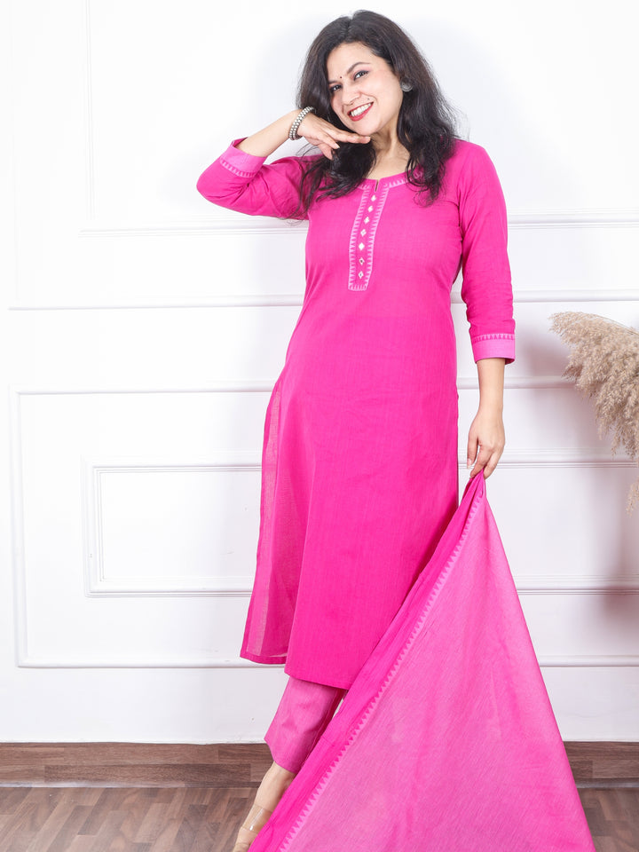 Iktaara Purple with Pink Temple Hem South Cotton 3 Piece Set