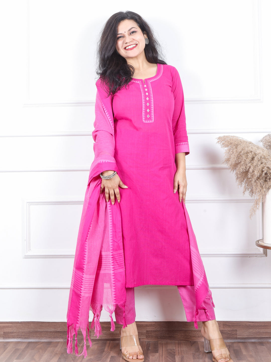 Iktaara Purple with Pink Temple Hem South Cotton 3 Piece Set