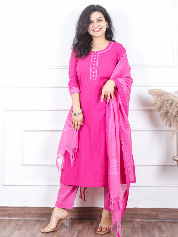 Iktaara Purple with Pink Temple Hem South Cotton 3 Piece Set